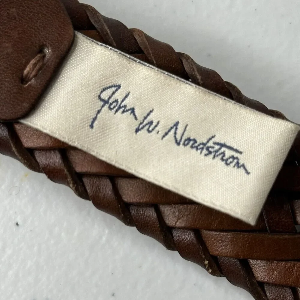 John W Nordstrom Dress Belt Mens 38 Brown Woven Leather Silver Brass Buckle - Picture 6 of 8